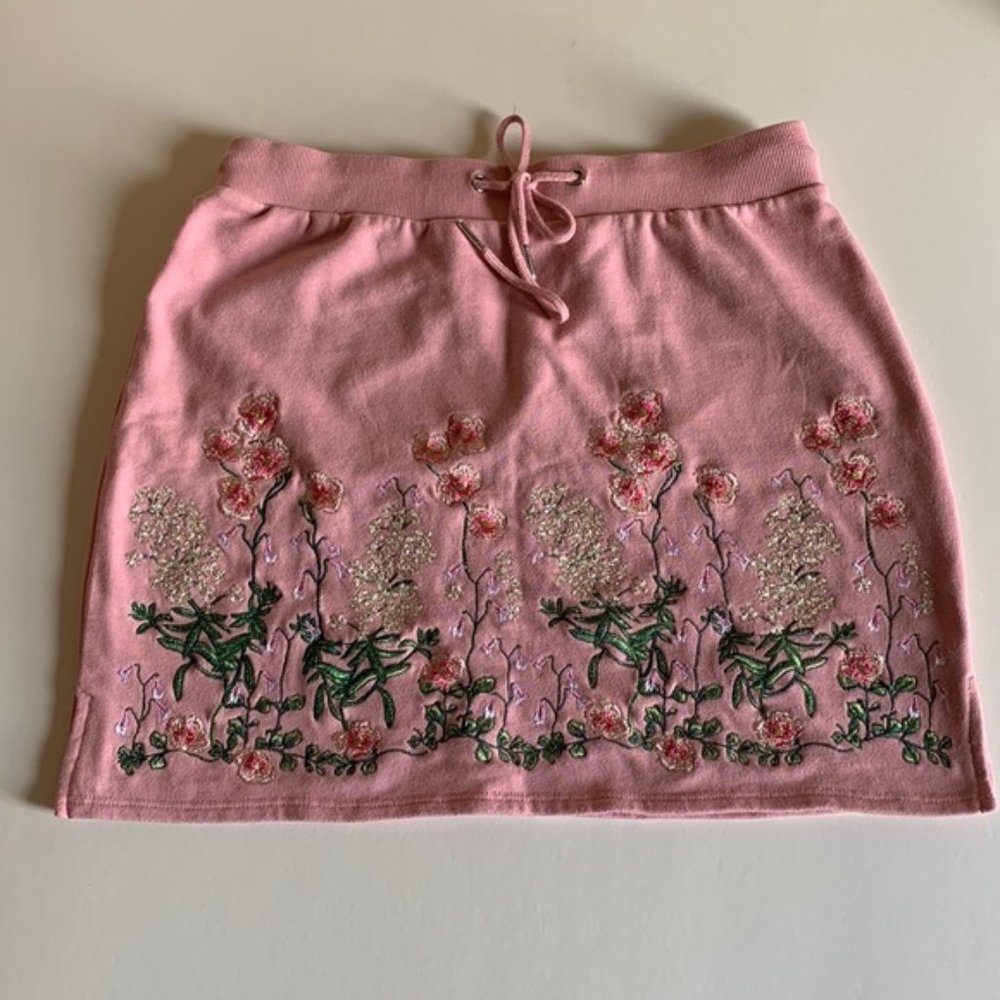 Pink floral embroidered skirt